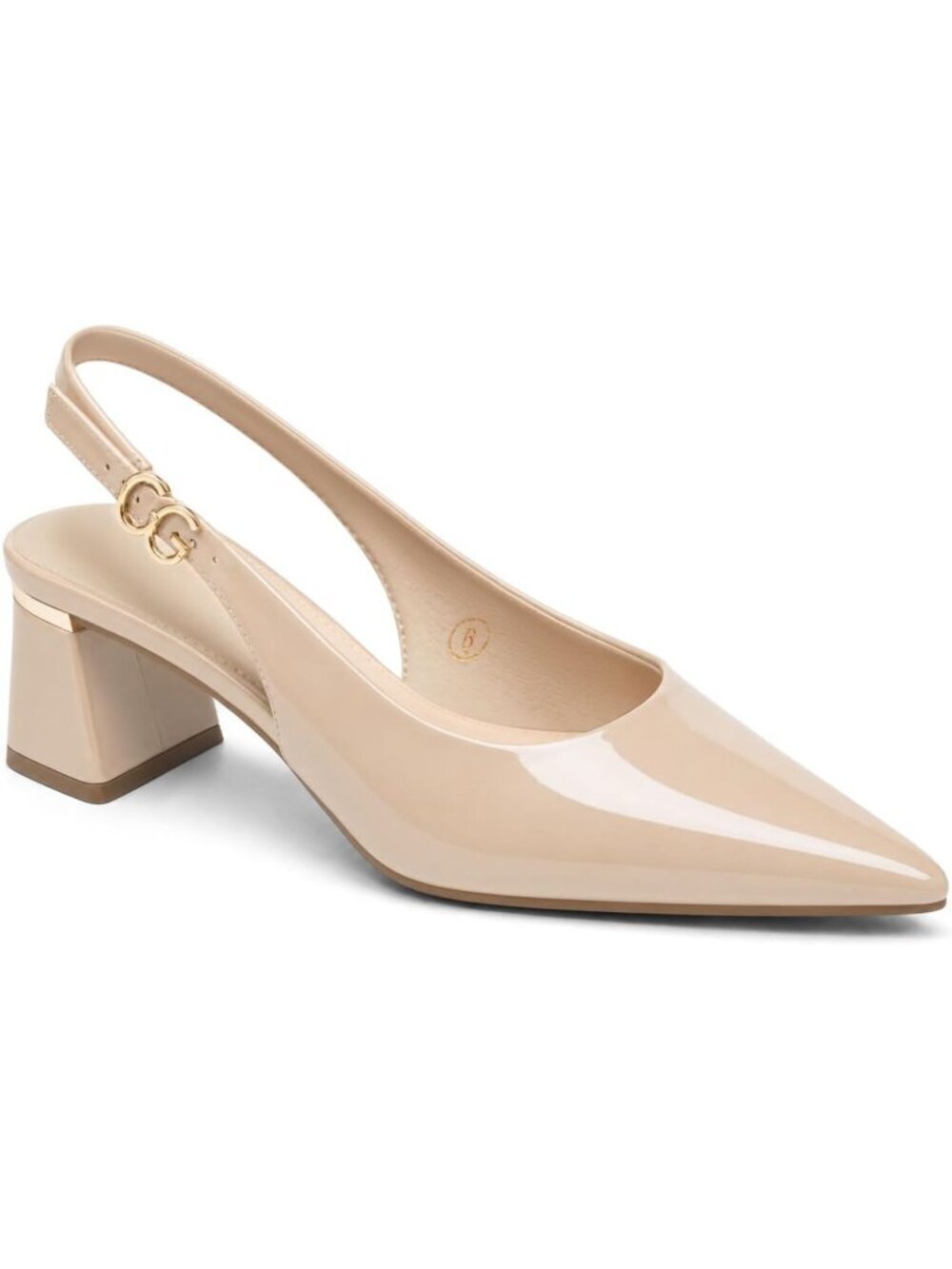 Women's Nude Patent Leather Slingback Chunky Heels Pointed Closed Toe Pumps